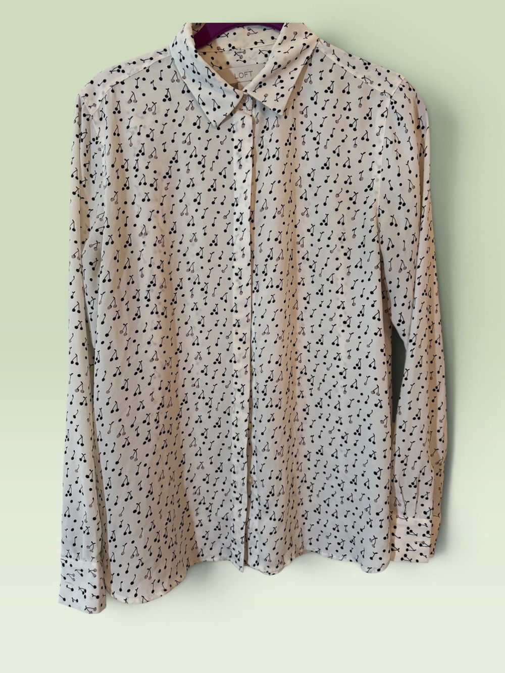 LOFT Cream Button-Down Shirt with Black Cherry Print